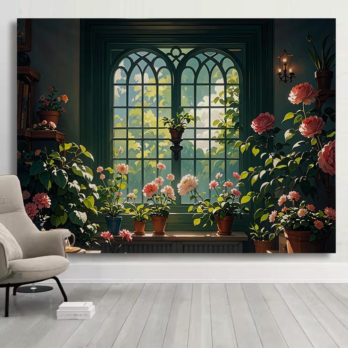 Kain gantung pemandangan salju jendela gaya Prancis, kain latar Nordik, dekorasi dinding kamar tidur