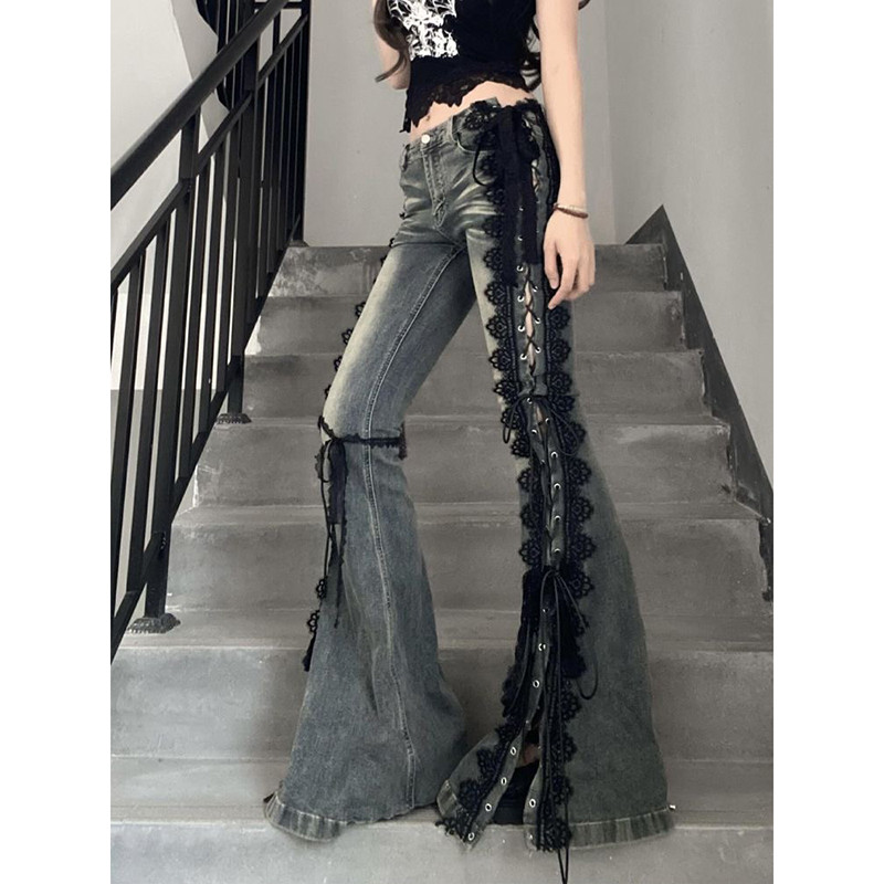 Women Academia Goblin Core Harajuku Y2K Low Rise Lace Jean Abi Denim Flare Pants Bell-Bottom Y2k