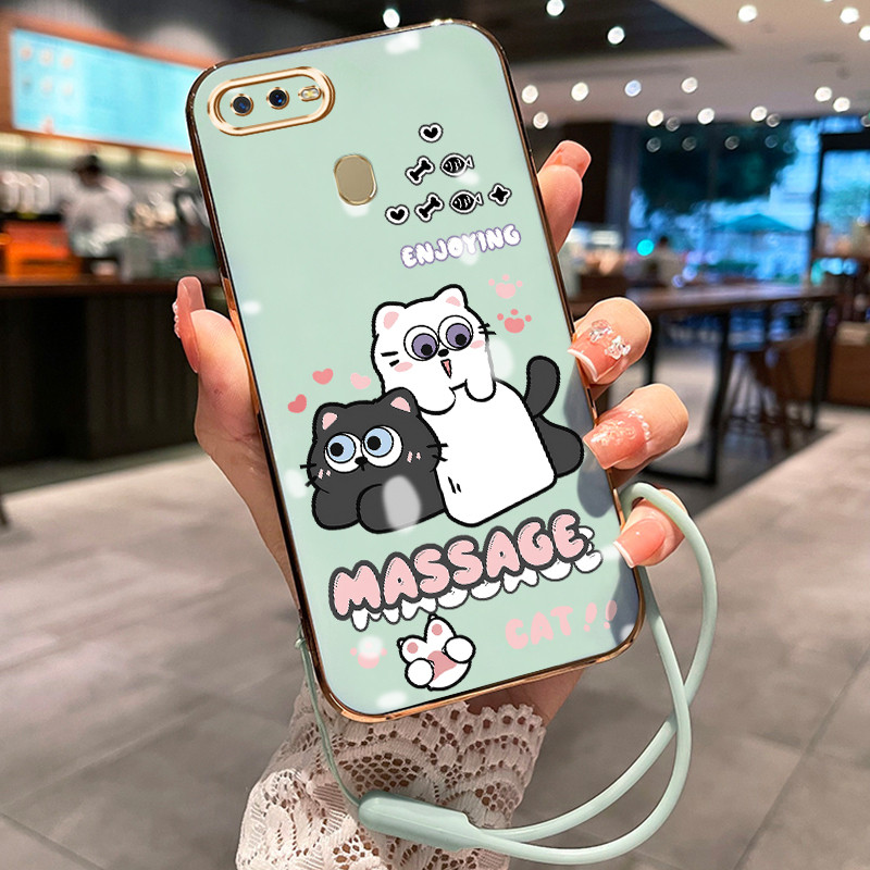 Casing Hp Untuk OPPO A7 A5s A12 A12s A11k Case HP Casing pola kucing lucu Kesing Cesing tali berlapi