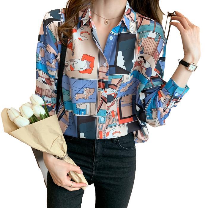 COD New Fashion Kemeja Wanita Lengan Panjang Motif Kartun Biru Korea Baju Atasan OL Kerja Santai