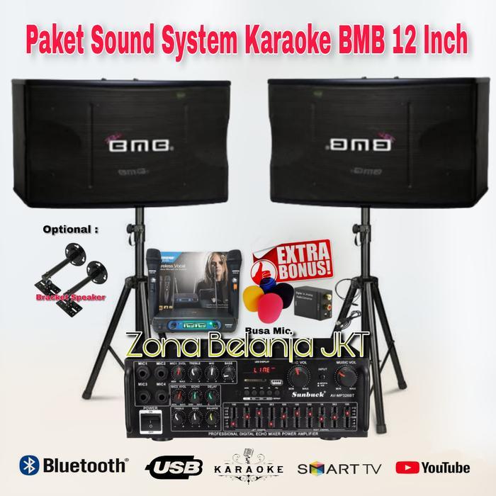 PAKET SOUND SYSTEM KARAOKE SPEAKER BMB 12 INCH AMPLI MIC ( SET 1 )