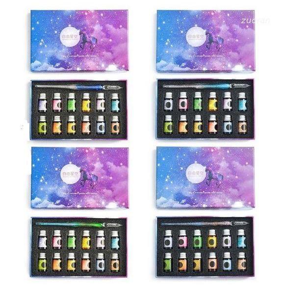 Terbaru! Starry Sky Glass Dip Pen Set - Set Dip Pen Kaca Dan Tinta 12 Warna