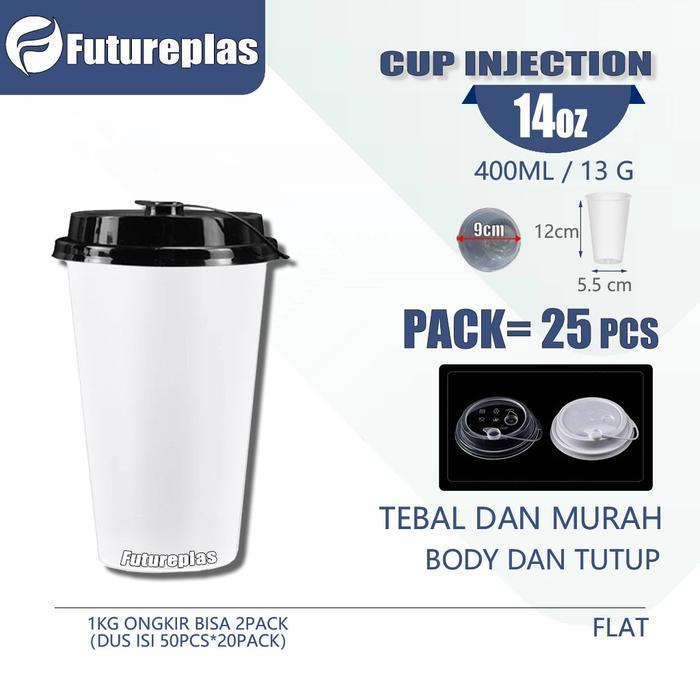 CUP & TUTUP 25 PCSCup Injection Datar 14oz 400ml Reusable / Gelas Plastik Tebal Thinwall + Tutup