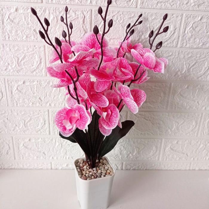 Bunga Plastik Hias Anggrek 5 Cabang Tinggi 30 cm Pot Kotak Murah