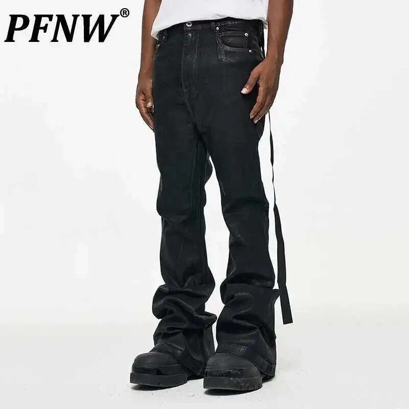PFNW High Street Coated Brushed Micro Flare Drag Black Jeans Men's Tide Loose Micro Stretch Waxed