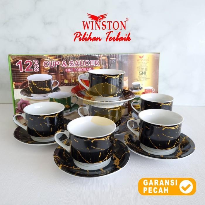 WINSTON 12pcs MARMER HITAM Cup & Saucer Set Cangkir Tatakan 6Pasang
