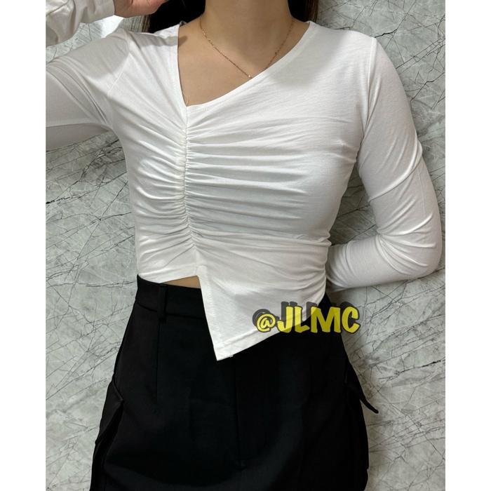 BELVIA TOP LONGSLEEVE - ATASAN CROP TOP KERUT LENGAN PANJANG