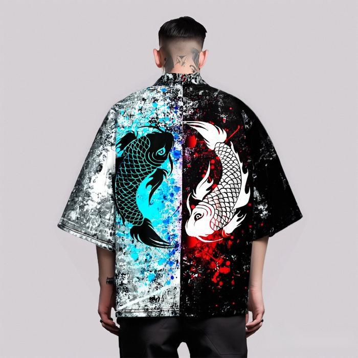 Fashion Ikan Mas Cina Blok Warna Splicing Cosplay Haori Kasual Longgar Pria Kimono Jepang Harajuku