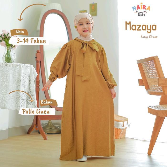Naira Kids Gamis Anak Perempuan Mazaya Long Dress Bahan Polo Linen Saku Kerah Polos Katun Muslim