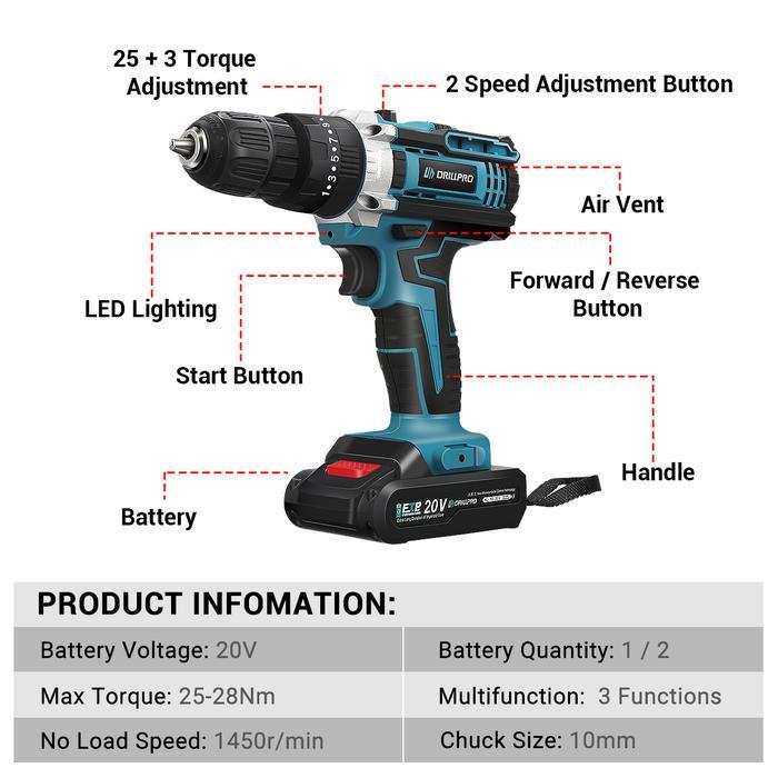 DRILLPRO 10MM BRUSHLESS ELECTRIC DRILL 350N.M CORDLESS 25+3 TORQUE SCREWDRIVER WITH IMPACT FUNCTION
