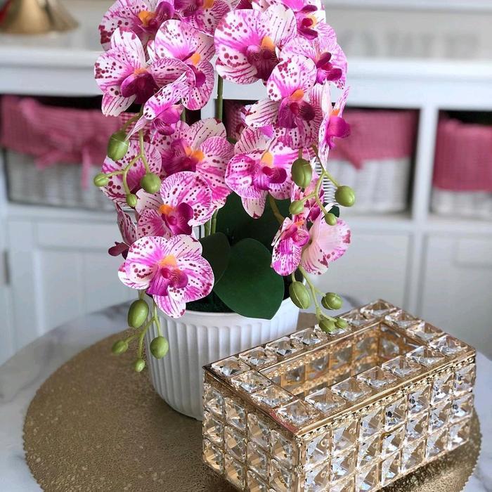 BUNGA ANGGREK CABANG 4 VAS GARIS / BUNGA PALSU / BUNGA HIAS / BUNGA DEKORASI