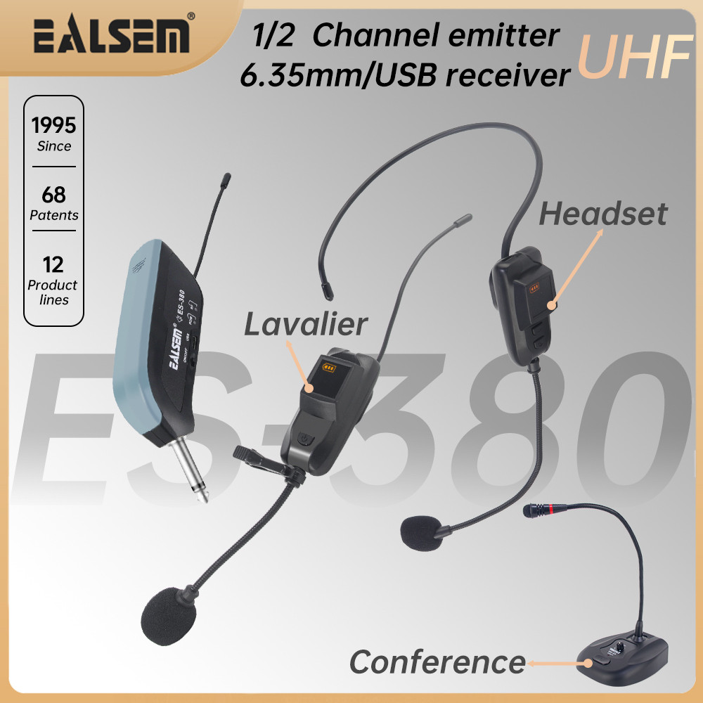 EALSEM 380 UHF 1/2 Channel Wireless Handheld/Conference/Lavalier/Headset Microphone USB/6.35MM