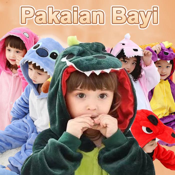 Kostum Onesie Kigurumi Kartun Anak Anak Dewasa: Dino, Unicorn.Cow, Stitch Piyama Cosplay Bahan