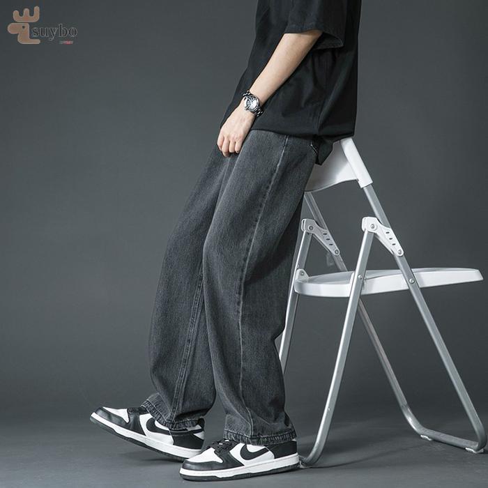 Suyboy Celana Jeans pria Basic Loose Denim Baggy Pants Wide Leg Gombrong Jeans panjang pria