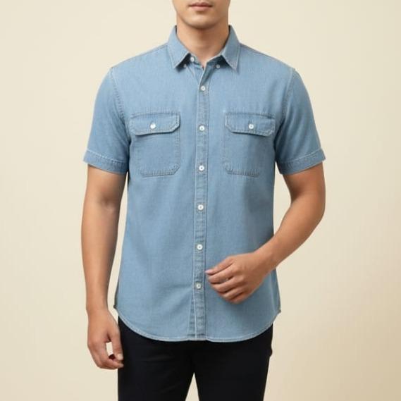 Kemeja Jeans Pria Lengan Pendek Atasan Kemeja Jeans Pria Dewasa Lengan Pendek