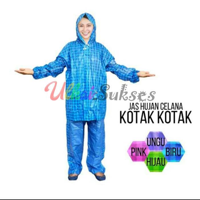 Jas Jaz Hujan Ujan Setelan Dewasa Pria Wanita Jaket Dan Celana Mantel Hujan Motif Kotak Kotak Anti