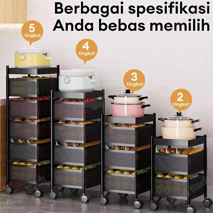 Terlaris Rak Dapur Berputar Hitam Stainless Steel Rak Troli Susun Putar Rak Sayuran Lantai