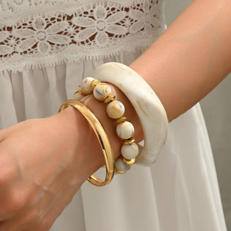 Diezi One Set Exaggerated Resin Wide Bangles Bracelet Sets Vintage Fashion Beads Strand Bracelet For
