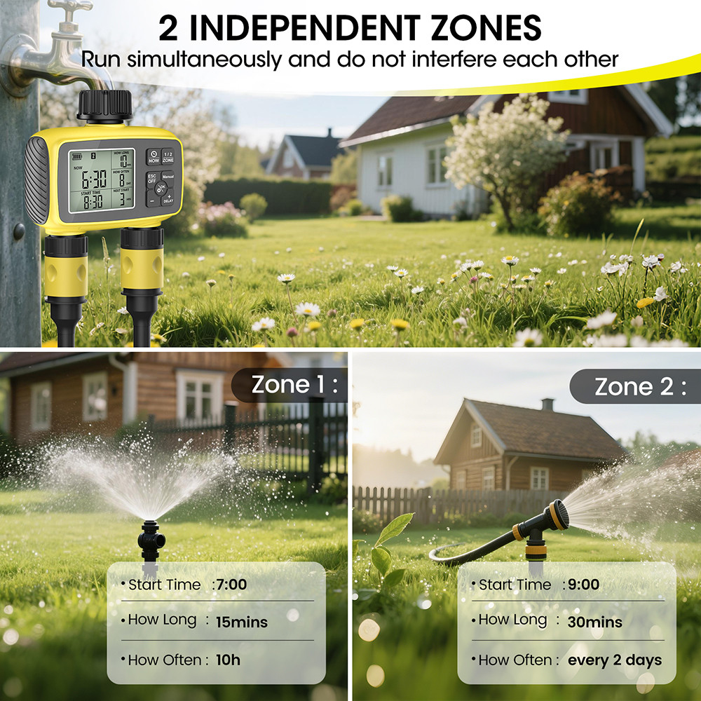 2-Outlet Automatic Water Timer Digital Irrigation Control System IPX5 Waterproof Garden Watering