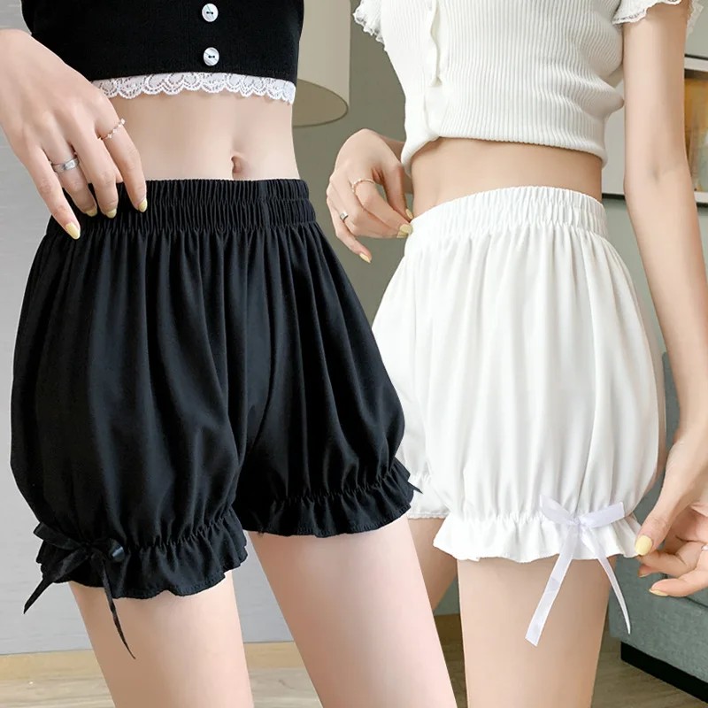 Women Lace Panties Imitation Silk Ruffle Bloomers Anti Exposure Safety Pants Lolita Satin Knickers S
