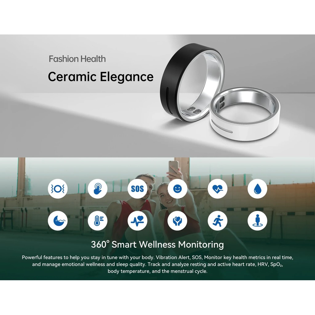 Qino K11 Vibrating Stainless Ceramics Smart Ring, Calls Message Reminder, Long Battery, Health