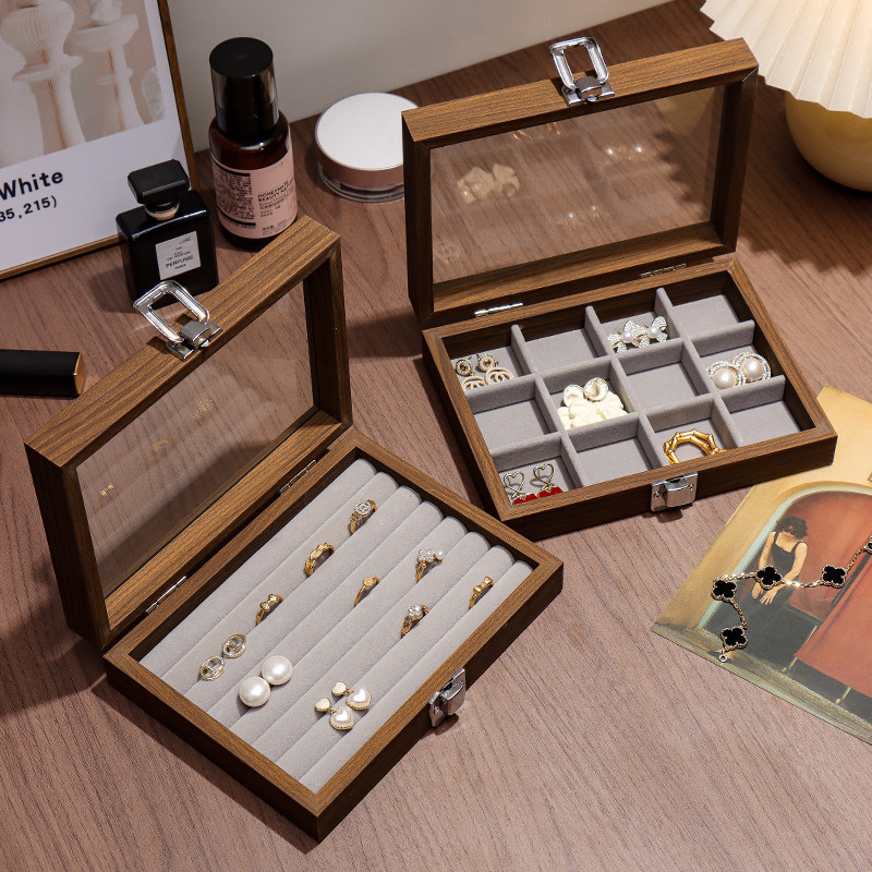 Walnut wood color jewelry box; exquisite wooden ring box, earrings, studs, necklace, trinkets