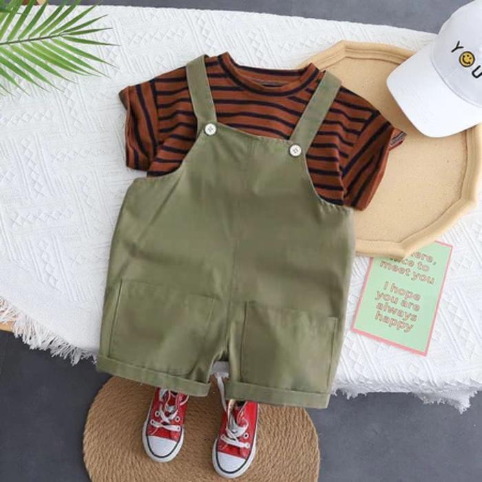 Brownieground Setelan Kodok Anak Laki Laki Usia 6 Bulan - 5 Tahun Baju Kodok Pendek Garis Coklat