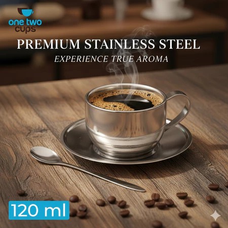 [ORI] Cangkir Espresso Stainless Steel 120ml Set Gelas Kopi One Two Cups Silver Minimalis Modern Per