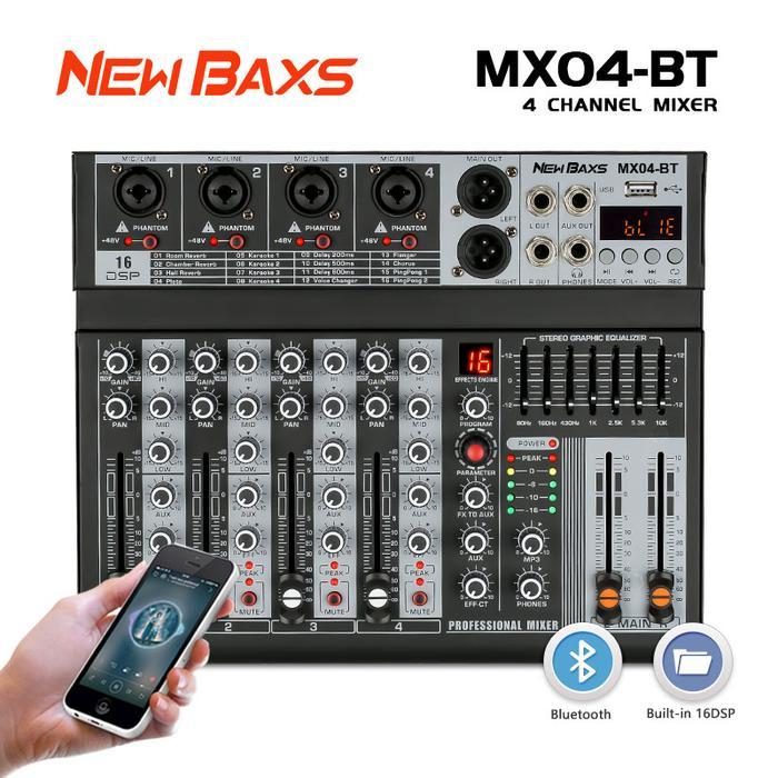NEW BAXS MX04BT Audio Mixer Equalizer Professional 4-Channel Built-in EQ 16DSP Mini Mixer Audio Blue