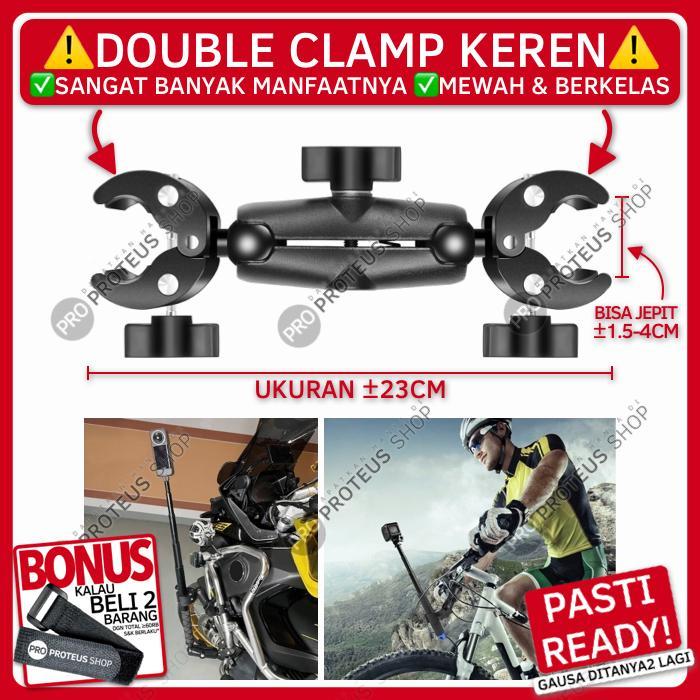 DOUBLE CLAMP JEPIT GANDA UNTUK PASANG TONGSIS, MONOPOD, STIK, STICK DI MOTOR, SEPEDA, SCOOTER,