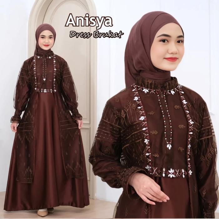 Anisya Dress Outer Rompi Brukat Premium Viral Gamis Raya Lebaran Pesta Kondangan Remaja Kekinian