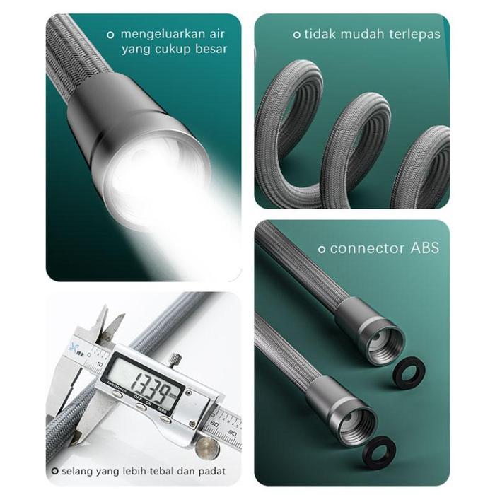 selang shower fleksibe dengan pipa shower, penyambung, selang penghubung kepala shower, dan selang