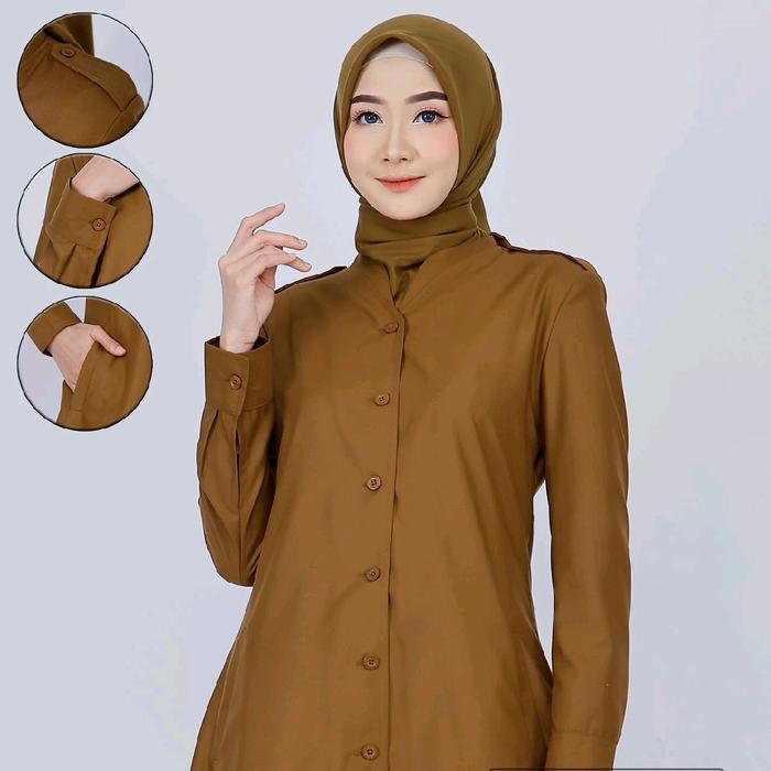 SERAGAM RE BONIA BAJU DINAS PDH TUNIK KHEKI COKLAT TUA NON PURING, SERAGAM PEMDA TUNIK KHEKI TUA NON