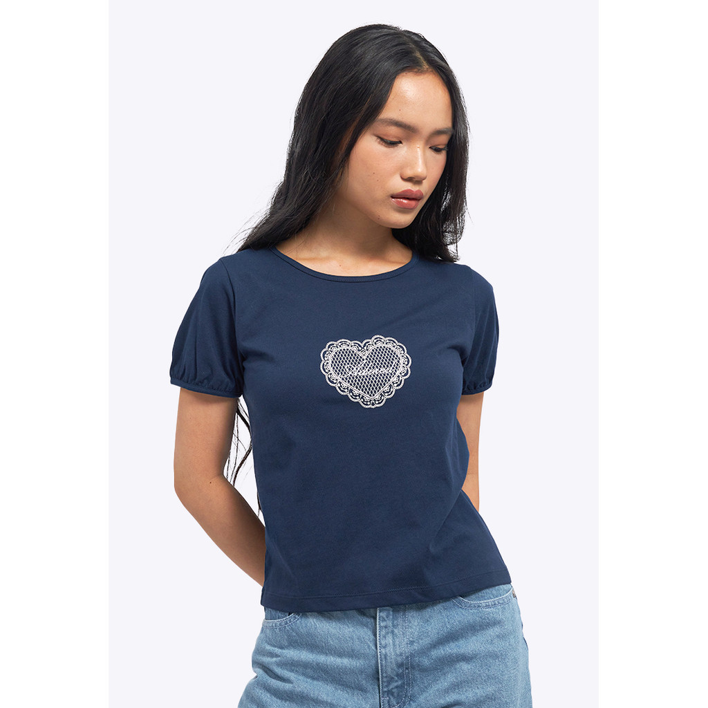 COLORBOX Puff Sleeve Graphic T-Shirt Navy