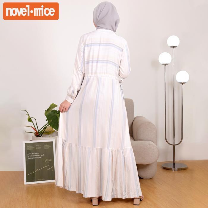 Novel Mice Gamis Wanita Rayon Twill Salur Zahra Blue Dress Wanita Lengan Panjang Motif Garis