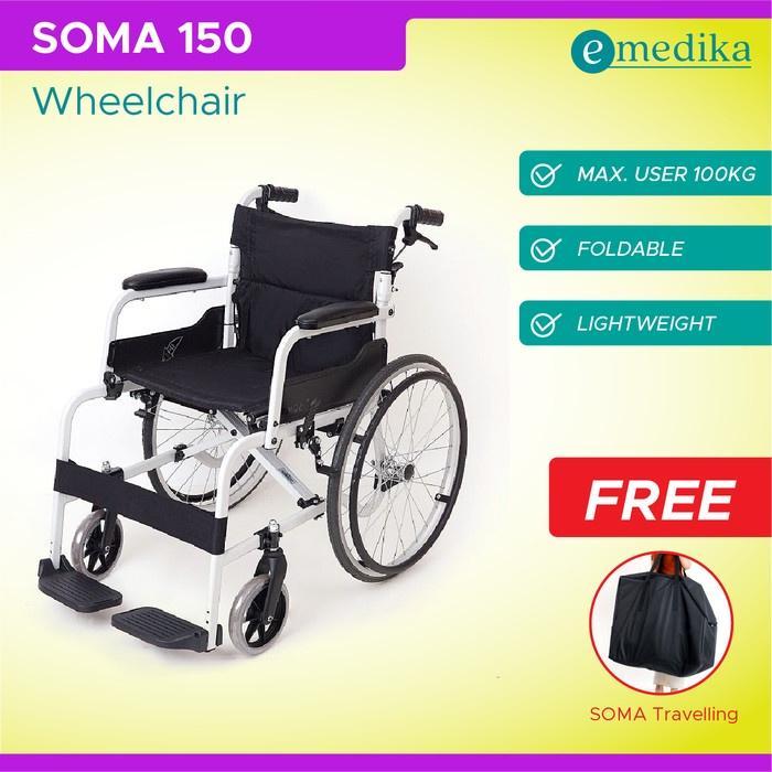 Kursi Roda SOMA 150 Wheelchair 22" Roda Besar Travel Aluminium - Hitam