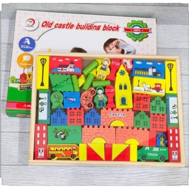 Mainan rumah rumahan kayu susun balok block old castle istana bentuk