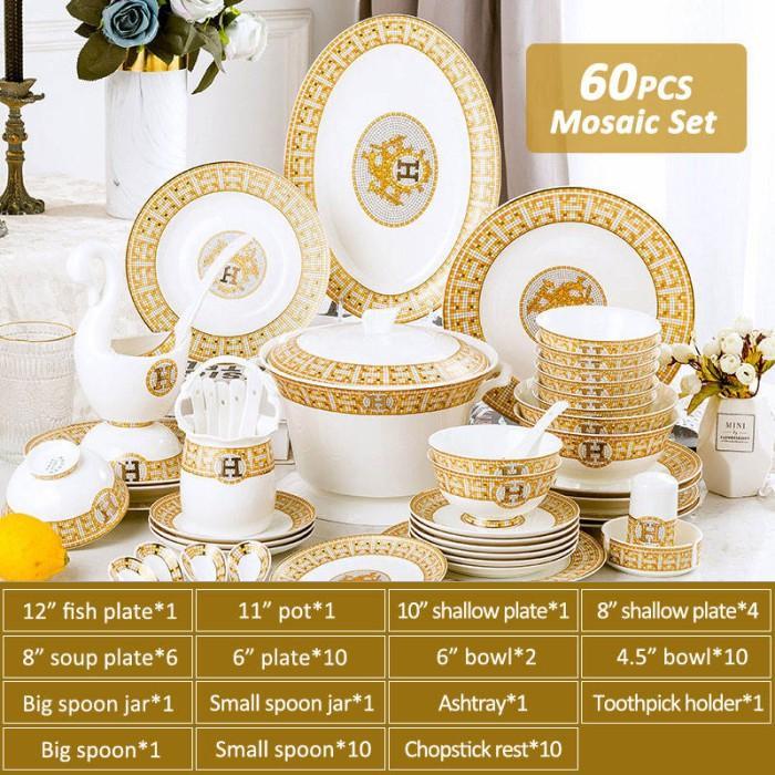 piring makan set H Plate Set / Mangkok dan Piring Mewah set Rumah Isi 60 Piece