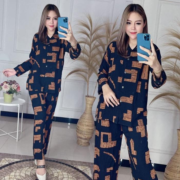 Setelan Wanita Lengan Panjang - One Set Tie Dye - Setelan Piyama Motif Urat Kayu - One Set Rayon