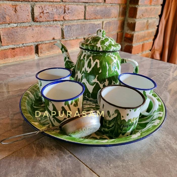SET TEKO SEDUH TEH TANGGUNG (850ML) NAMPAN DAN GELAS LURIK POCI TEA SET