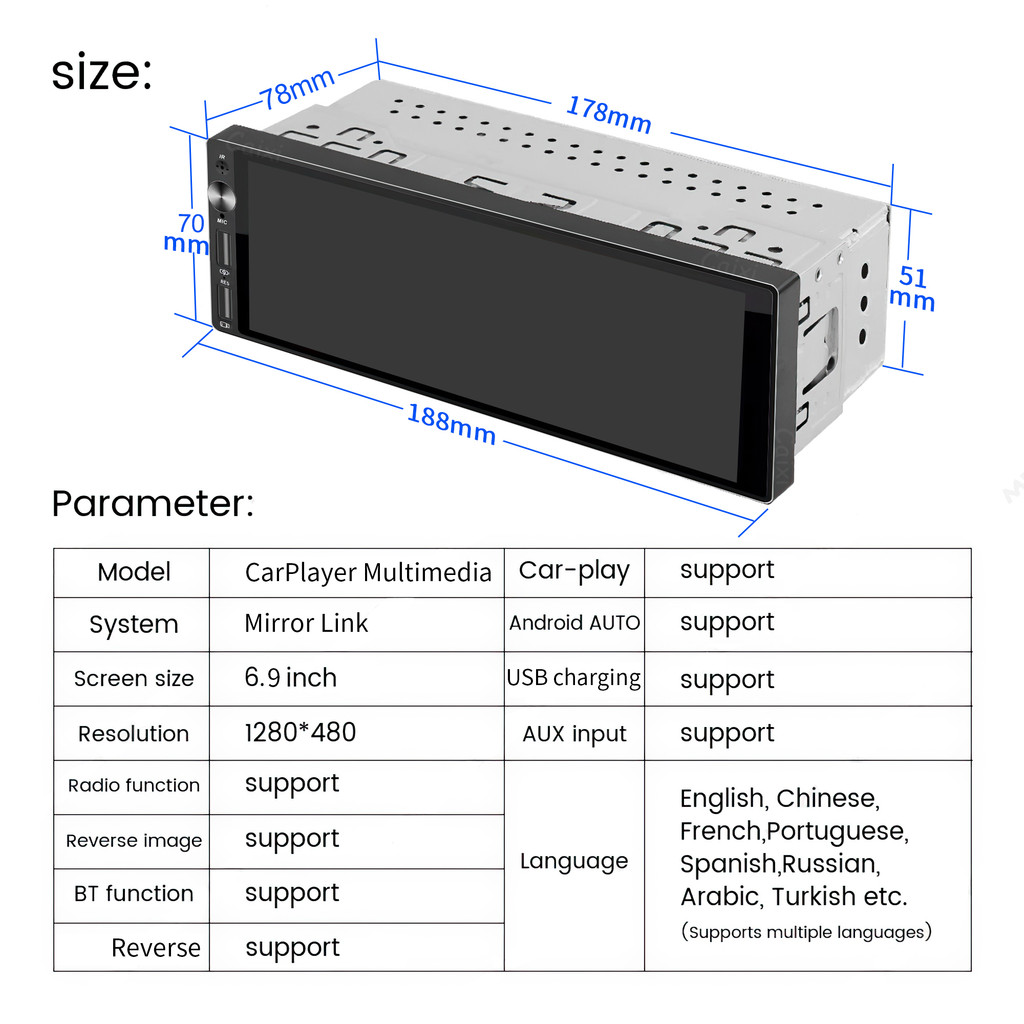 IPS 6.9 Inch 1Din Wireless Or wired Carplay Android Auto Car Radio Multimedia MP5 Player 1 Din DVD