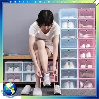 DSM KOTAK SEPATU TRANSPARANT SUSUN MODEL LACI RAK PLASTIK SEPATU MULTIFUNGSI