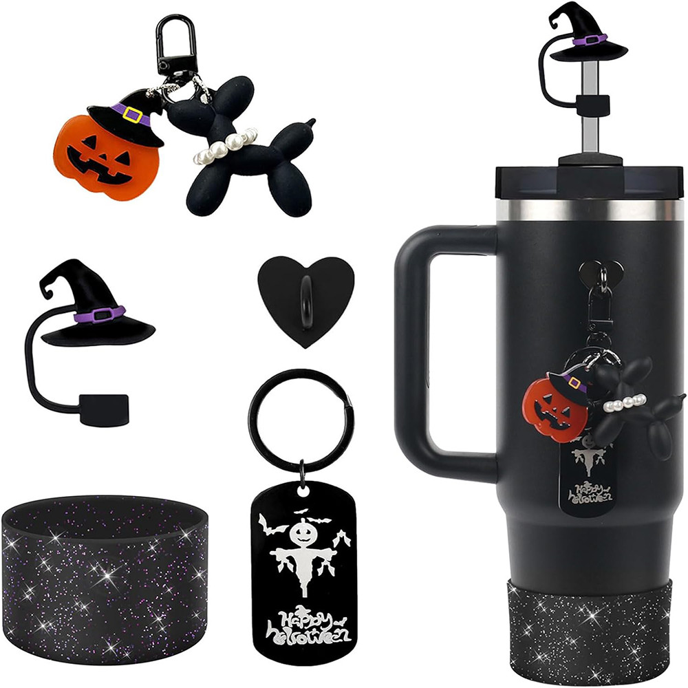 5Pcs Halloween Cup Accessories Set For Stanley Tumbler Black Pearls Dog Witch Hat Straw Cover Cap