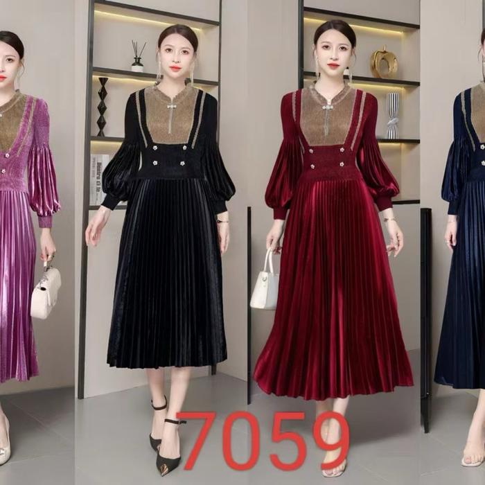 Vaoutfit Mella Midi Dress Wanita Plisket Premium Pesta Gaun Kondangan Dewasa Mewah