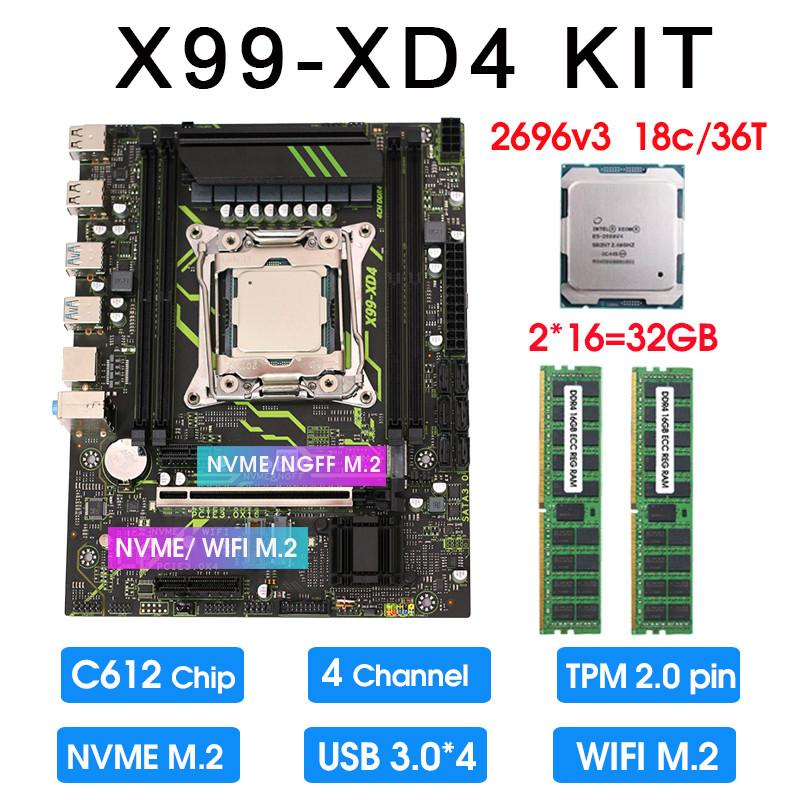 X99 tpm 2.0 pin motherboard Xeon Kit E5 2696 2699 2695 2698 2690 V3 CPU DDR4 RAM complete combo LGA