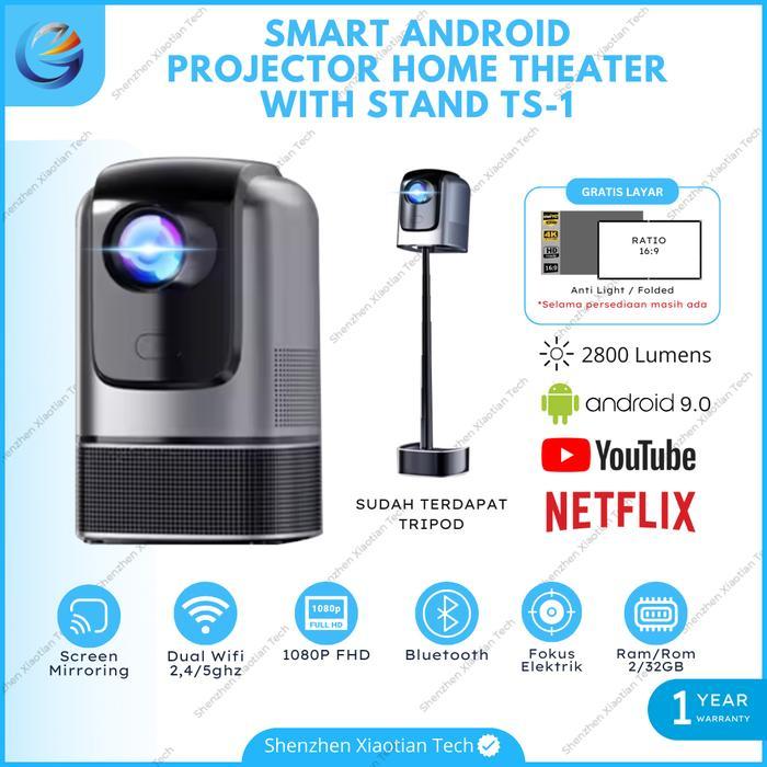 Proyektor Mini LED TS-1 Android 9.0 Wifi 2800 Lumens Proyektor Mini Android 4K Proyektor Mini