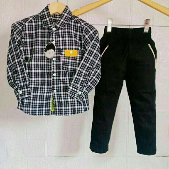 { Promo } Setelan Kemeja Anak Laki Laki Kemeja Flanel + Celana Chinos Panjang 1-14 Tahun Katun Bunda