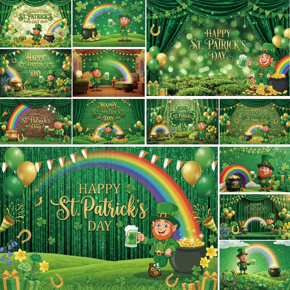 Moon.Qg St. Patrick'S Day Leprechaun Background Rainbow Balloon Green Backdrop Children Photography