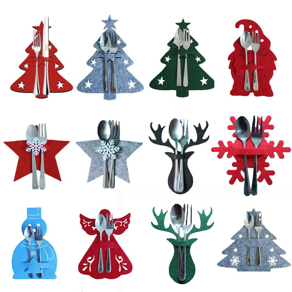 4PCS Christmas Knife and Fork Holder Santa Claus Snowflake Elk Xmas Tree Pocket Cutlery Bag