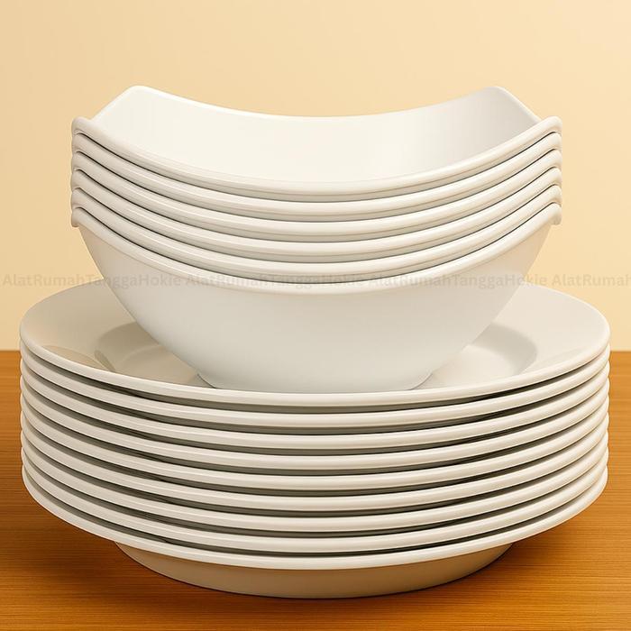 12 Pcs Piring Mangkok Lengkung Plastik Tebal Mie Soto Ramen Bakso Jepang Set Pasti Ori